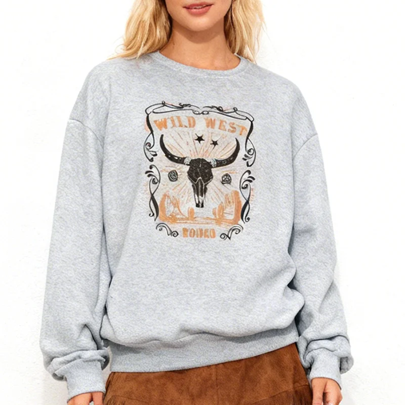 

Women Round Neck Long-sleeved Velvet Winter Casual Fashionable Cowgirl Style Cow Skull Print Sweatshirt Pullovers