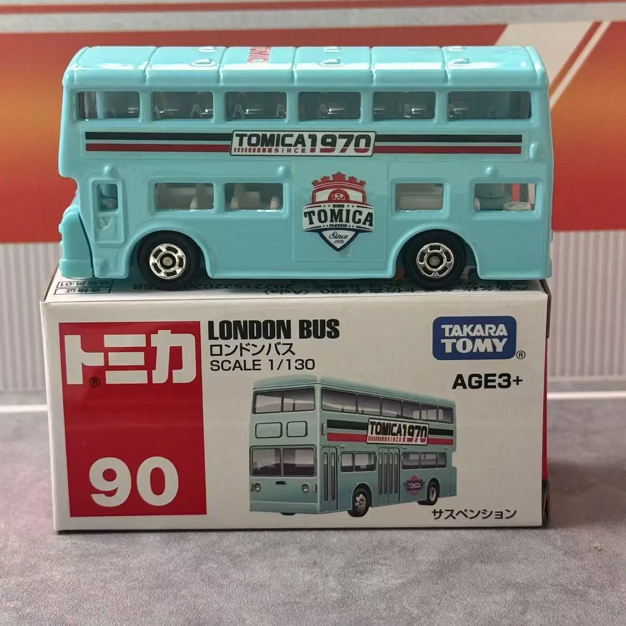 Takara Tomy Tomica Asia 120 Nr. 90 Londoner Doppeldeckerbus, 1:130, Mini-Fahrzeugmodell aus Legierung, Spielzeug für Kinder und Sammler