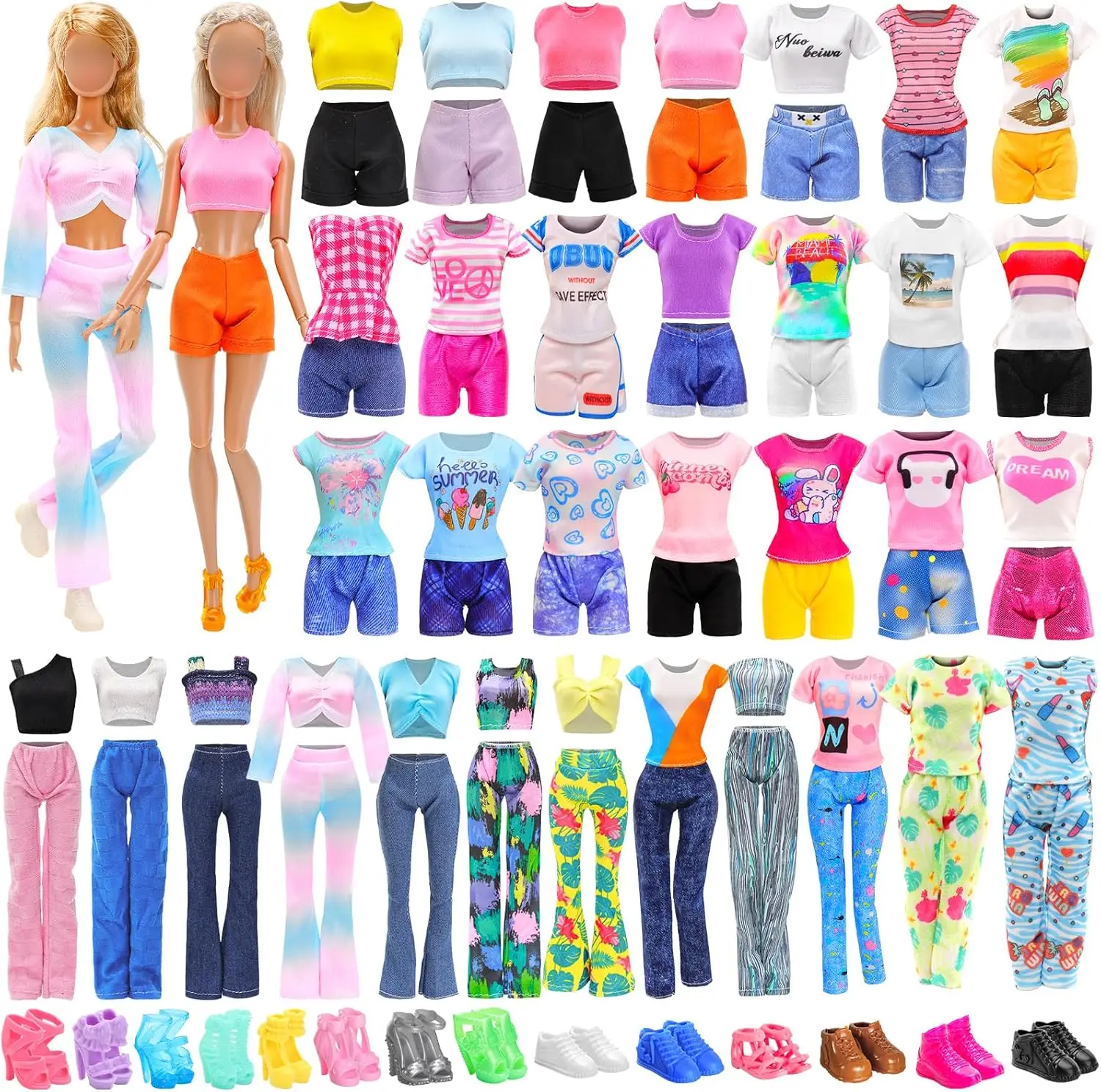 BARWA 30 PCS Doll Clothes and Accessories Casual Sport Sweet Outfits Pajamas Top and Pants Shorts High Heel Flat Shoes