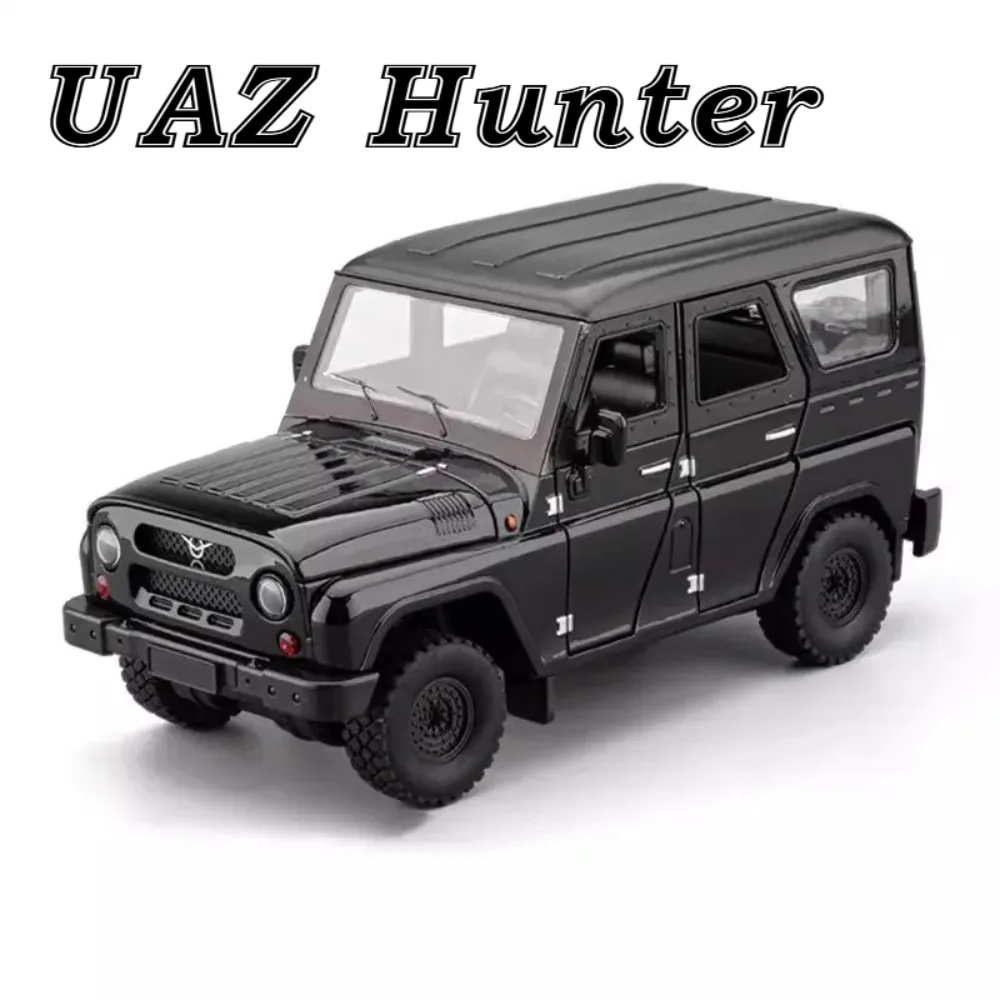 1:18 UAZ Hunter Prado Car Model Alloy Diecast Miniature Toy with Sound Light Pull Back Doors Opened Vehice Birthday Gift for Kid