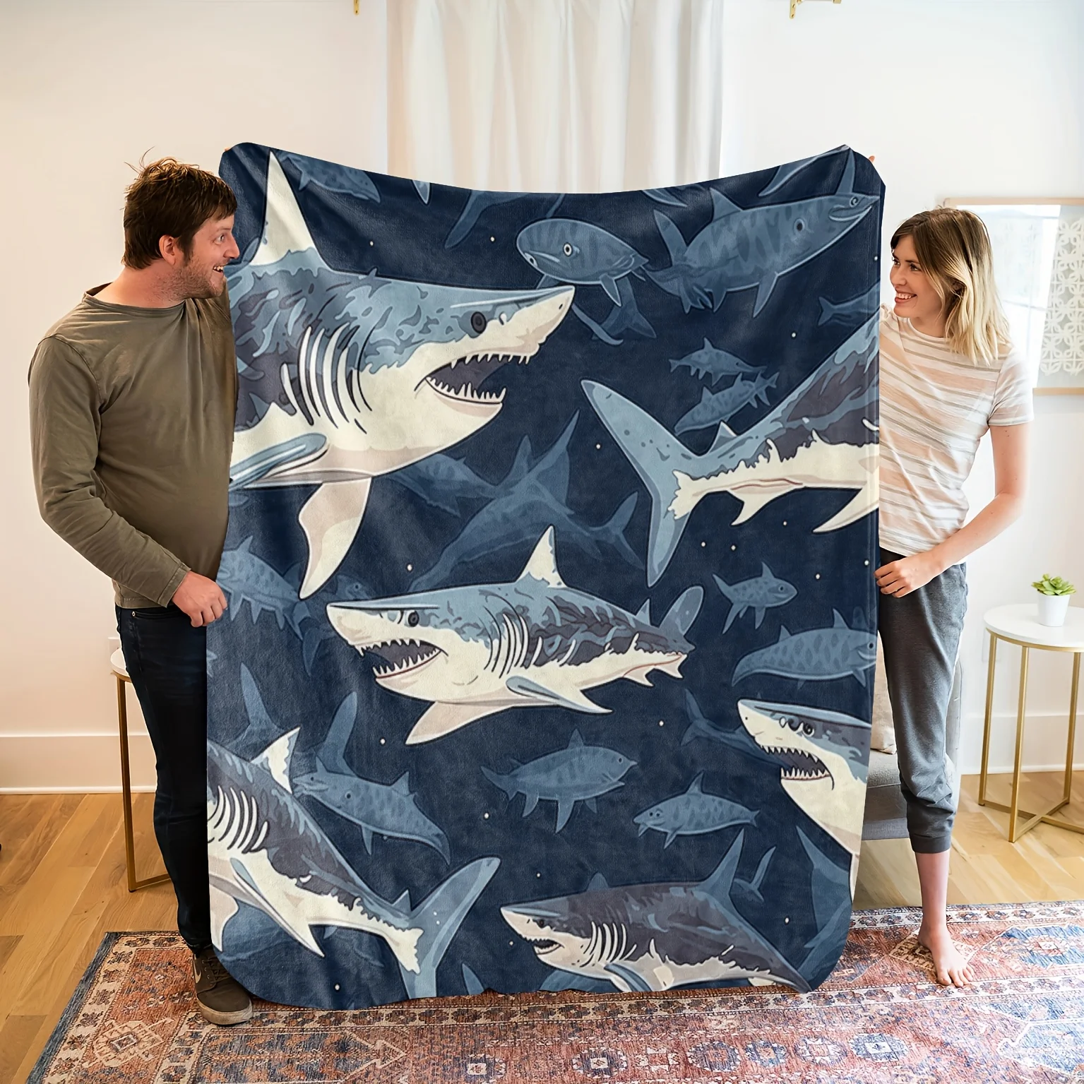 Shark-Themed Flannel Blanket - Soft, Breathable  with Vibrant Underwater Print, Perfect Gift for Family & Friends