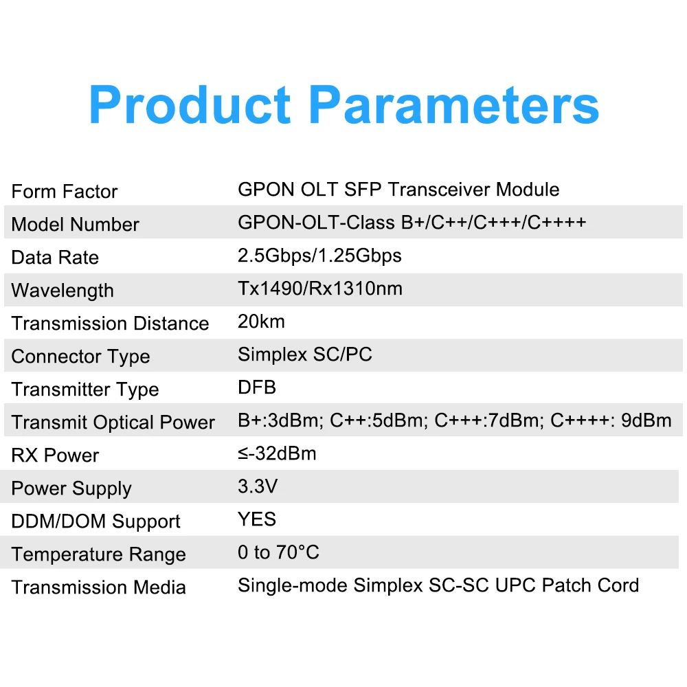 SFP GPON OLT 2.5G/1.25G C+/C++/C++++ 3/5/7/8/9dBm 20km SC/UPC PON Optical Module 1490/1310nm Compatible for ZTE,Fiberhome,Huawei