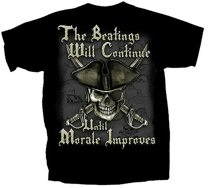 Beatings Will Continue, Until Morale Improves. Pirate Skull T-Shirt 100% Cotton O-Neck Summer Short Sleeve Casual Mens T-shirt