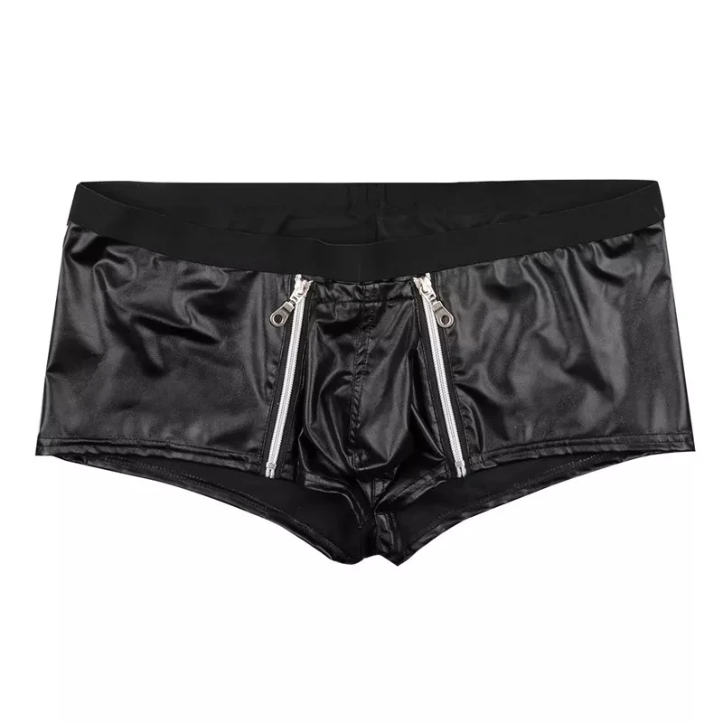 Mens Pu Leather Underwear Sexy Boxer Shorts Double Zipper Front Large Pouch BDSM Gay Fetish Plus Size Ropa Interior Fetiche