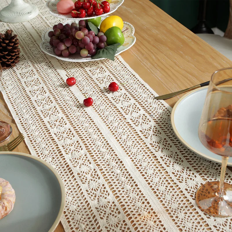 Beige Crochet Tassel Table Runner,Cotton Blende Fabric for Kitchen Dining Coffee Table Wedding Birthday Holiday Decor