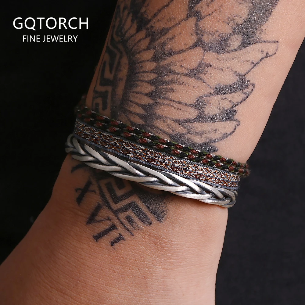 

3 шт./компл., плетеный браслет из чистого серебра 999 пробы, браслет ручной работы из веревки, регулируемый винтажный комплект ювелирных изделий, подарок для папы, мужа