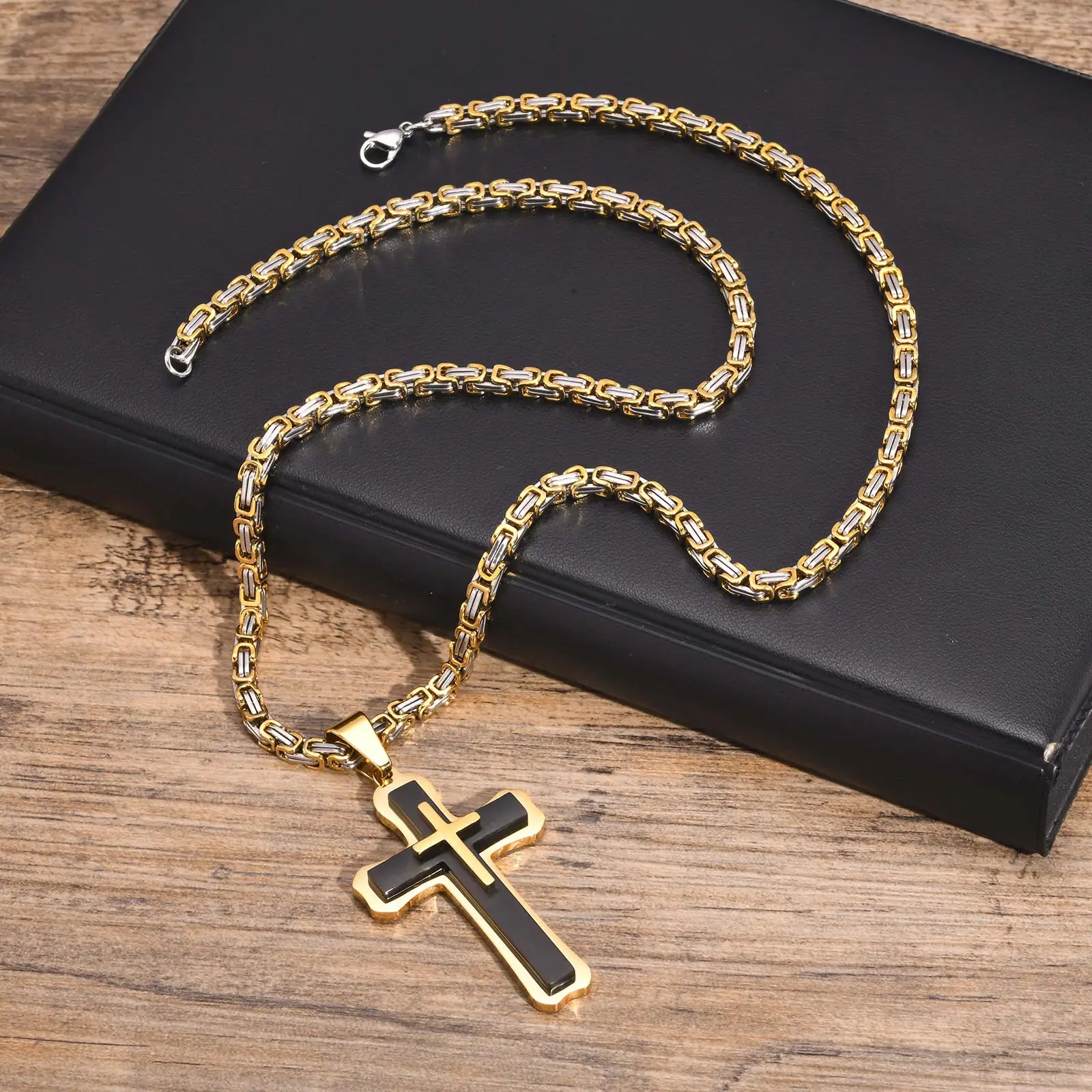 MP Heavy Cross Necklaces for Men Boys,Retro Byzantine Link Chain Necklace,Two Tones Pendant Necklace,Prayer Jewelry