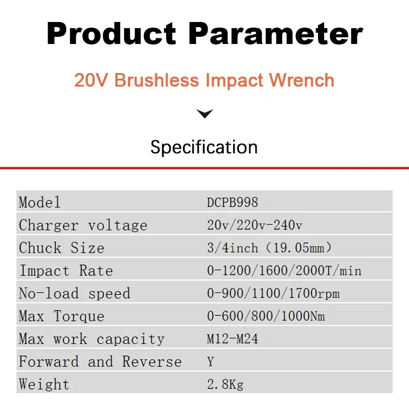 Dongcheng DCPB998 Heavy Duty Cordless Impact Wrench Brushless 20v Torque 1000Nm 1700rpm 2000T/min Rubber Hand Universal Battery