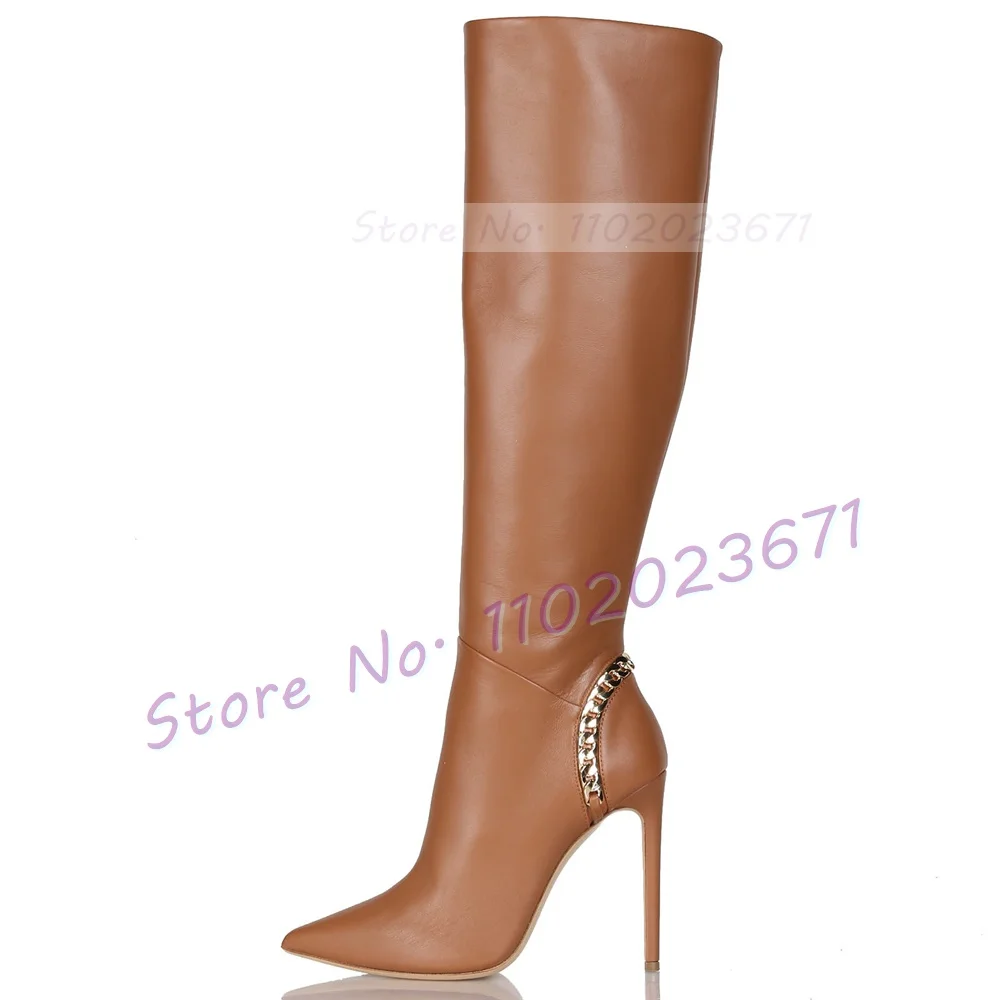 

Brown Leather Metal Chain Boots Female Stylish High Heels Knee High Boots Women Slim Western Haute Couture Pointy Toe Shoes