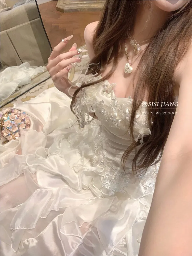 Elegant and refined lace cinched waist mesh flower-shaped long dress