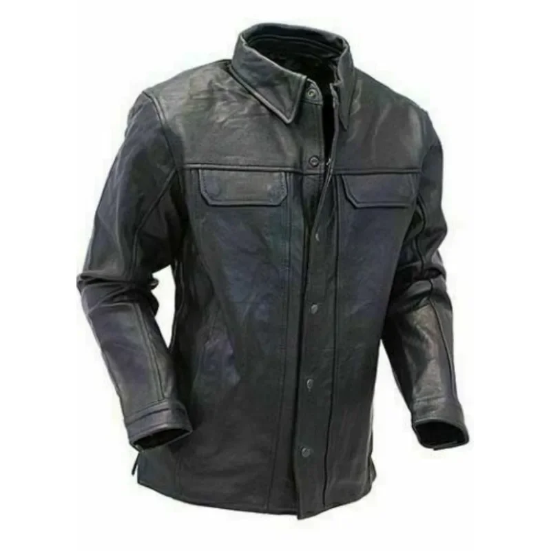 Men Genuine Lambskin Leather Modern Hipster Slim Police Biker Black Coat Jacket