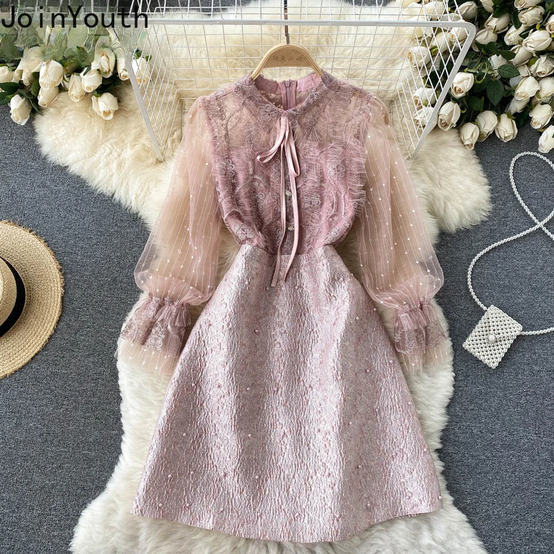 Korean Chic Light Luxury Heavy Beading Dresses for Women Mesh Sleeve Embroidery Robe Femme Temperament A-line Vestido De Mujer