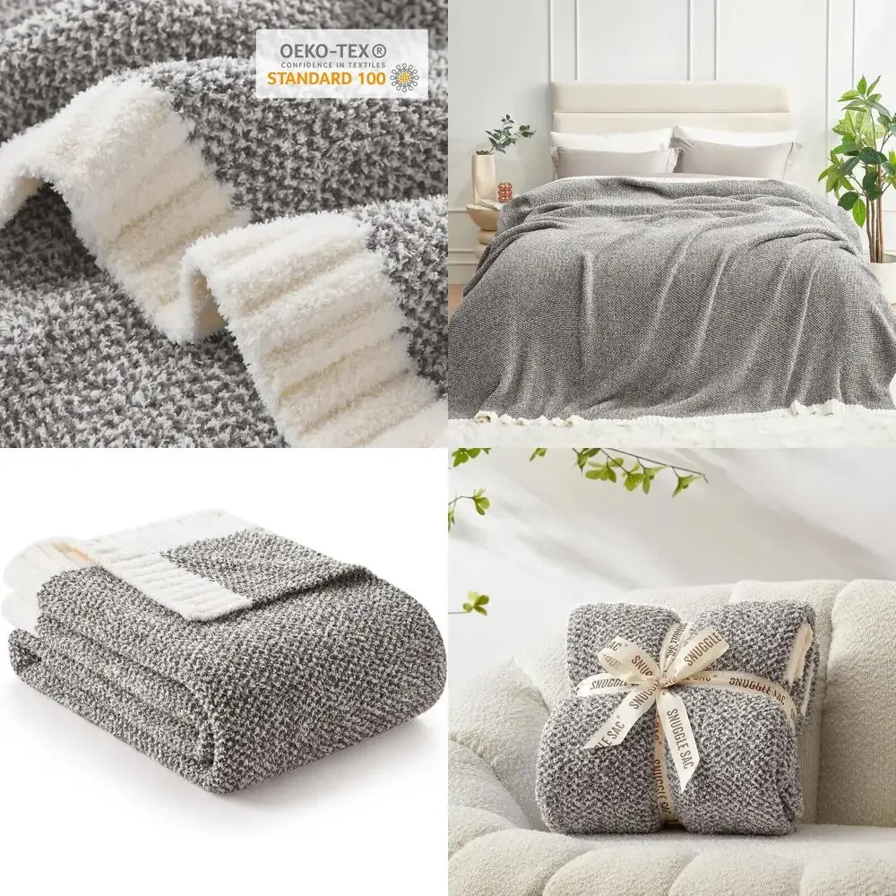 

Плед вязаный серый 66x90 Twin XL, двусторонний, мягкий и теплый, плюшевый, темно-серый меланж