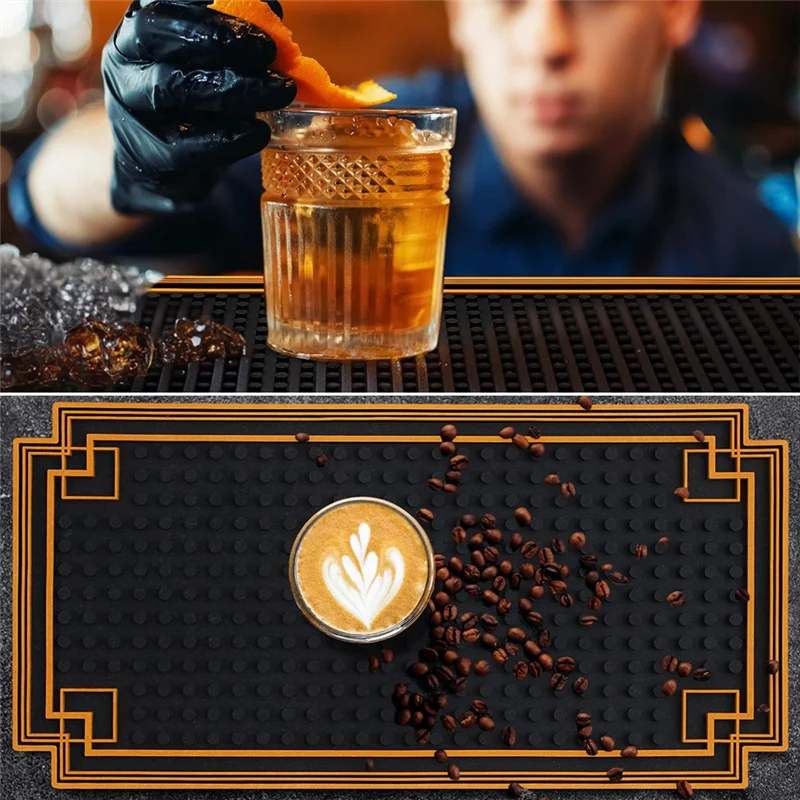 AT19-2 Pcs Gold Border 18 X 12 Inch Non Slip Rubber Bar Mat For Restaurants, Barbershop Clippers, Bartending-Black