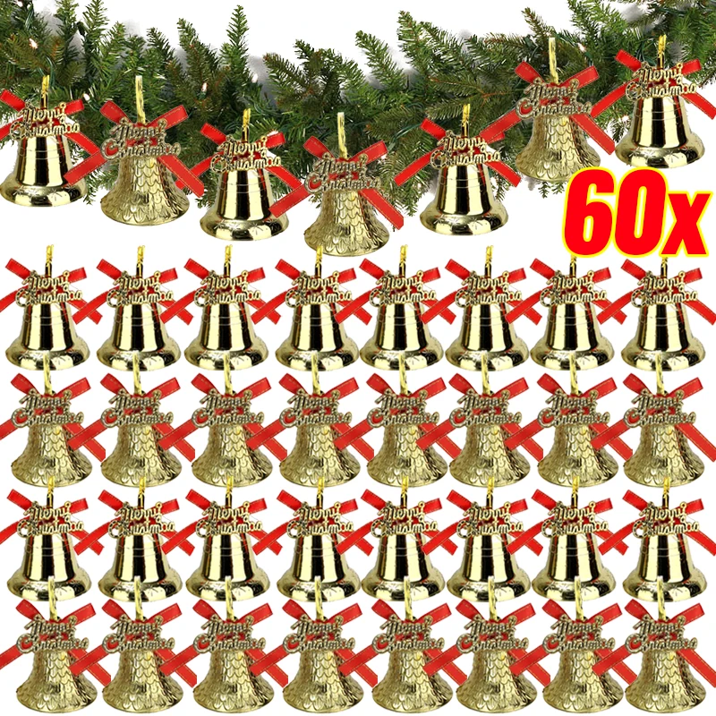 60/6Pcs Christmas Small Bell Ornament Xmas Tree Garland Hanging Ornament Bow Bells Home Xmas New Year Gift Party Decor Supplies