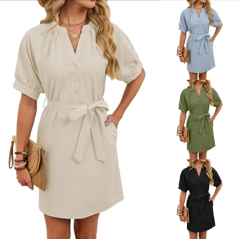 

Women's shirt dress, long-sleeved button-down work dress 6XDA