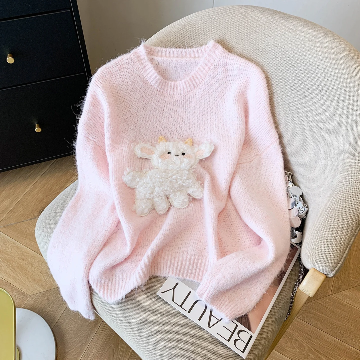 

Pink Sweet Little Dog Knitwear Women's Autumn Winter New Thi Soft Reducing Age Design Loose Knitted Sweater Polyester Fiber