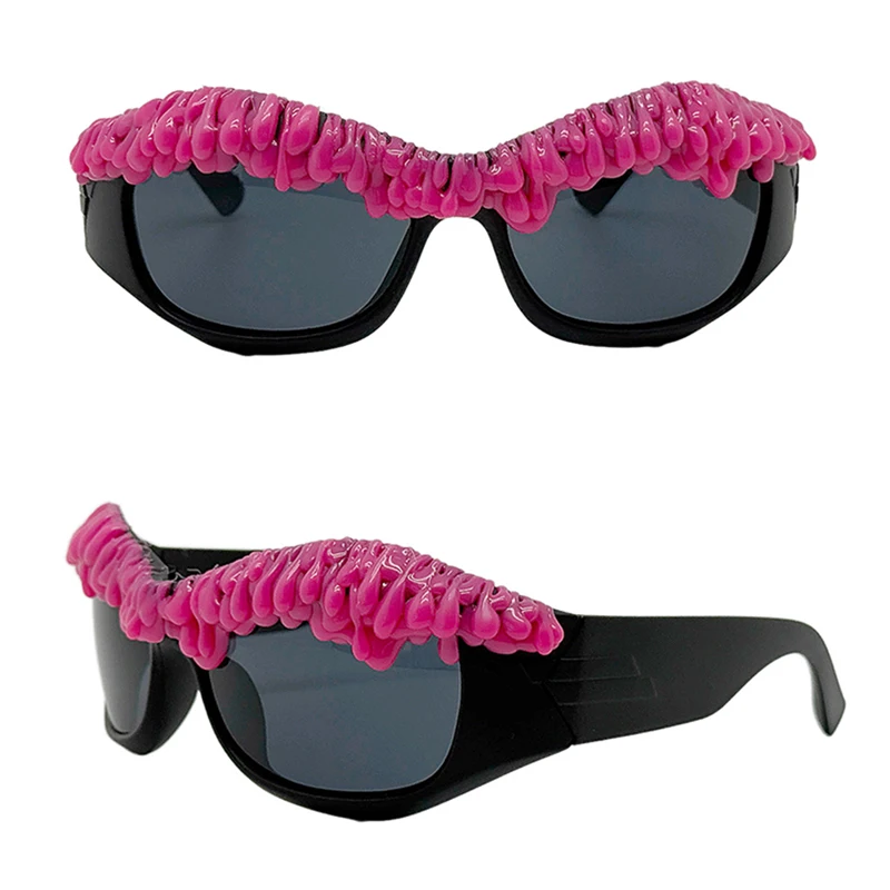 

New Fashion Pink 3D Lava Drip Design Exaggerated Sweet Cool Sliver Sunglasses Women Girl Handicraft Trendy Unique Party Eyewears