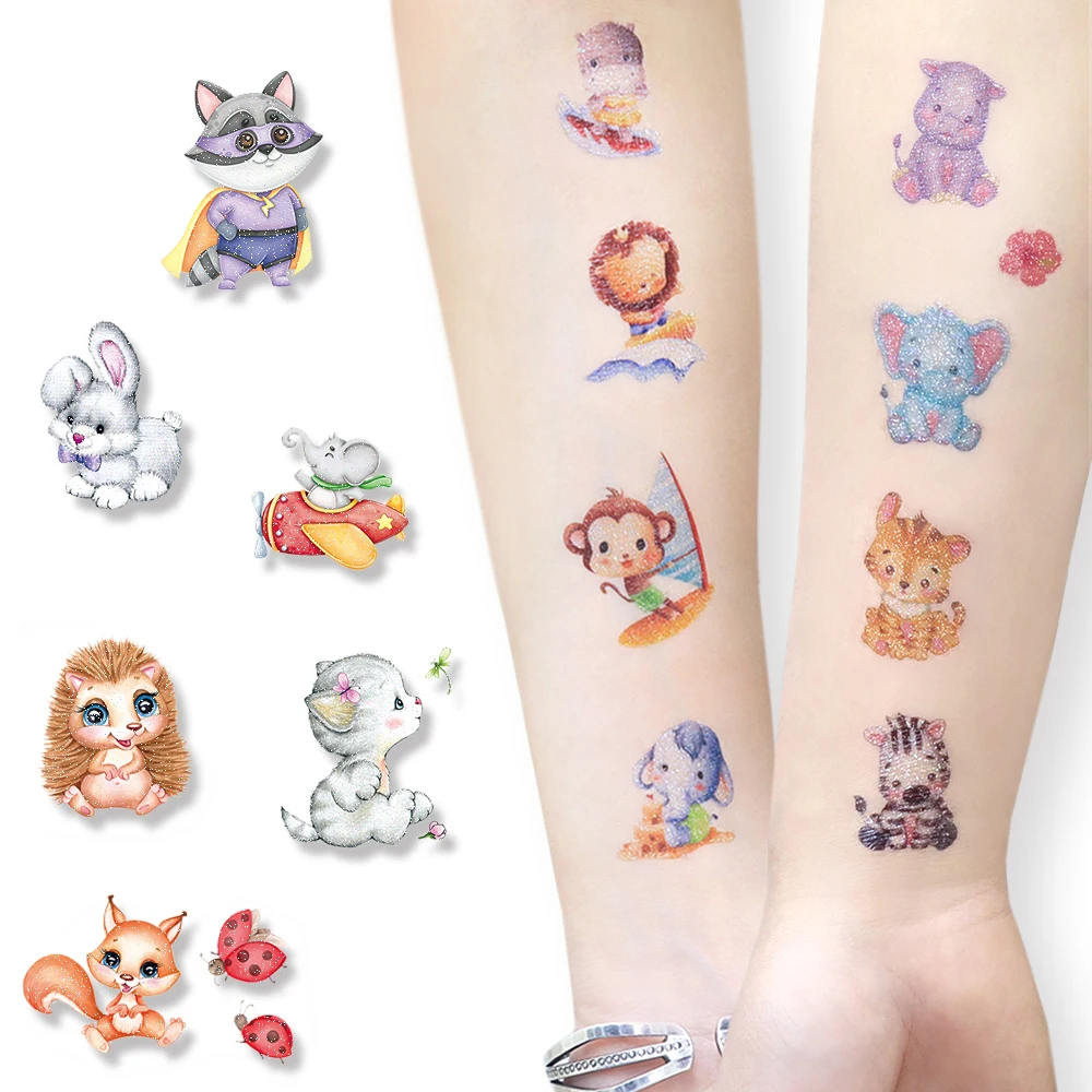 VeeCharm - Animal Theme Glitter Temporary Tattoos Stickers for Kids, Birthday Party Supplies, Gifts, Removable, 1/14 Sheet