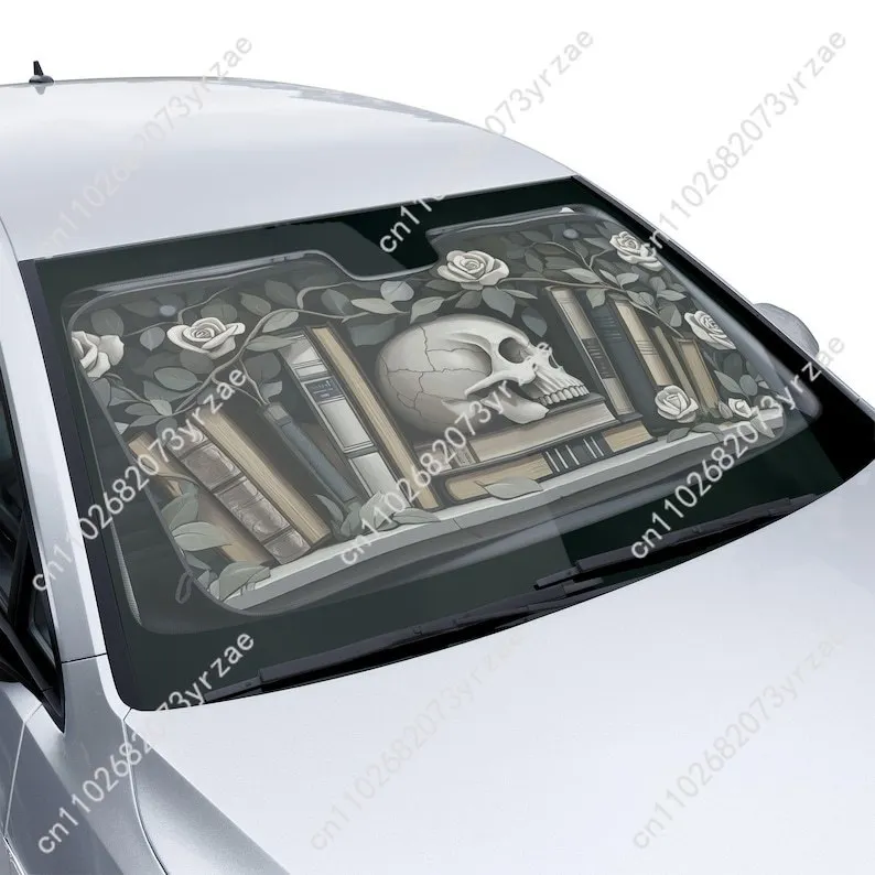 

Skull Books Roses Car Sun Shade Good Heat Insulation Effect Windshield Sunshade Portable Waterproof Easy Clean Car Accessory