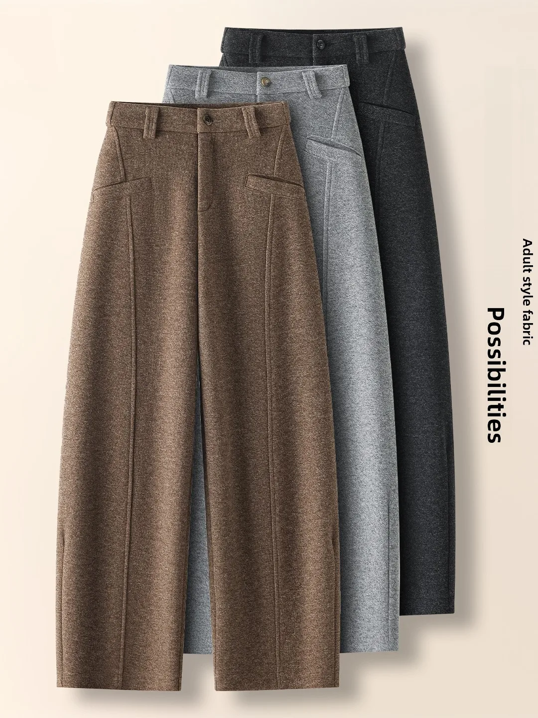 

High Waist Fleece Lined Wool Blend Banana Pants Casual Straight Leg Pants for Women Autumn Winter New Style Popular New Arrival