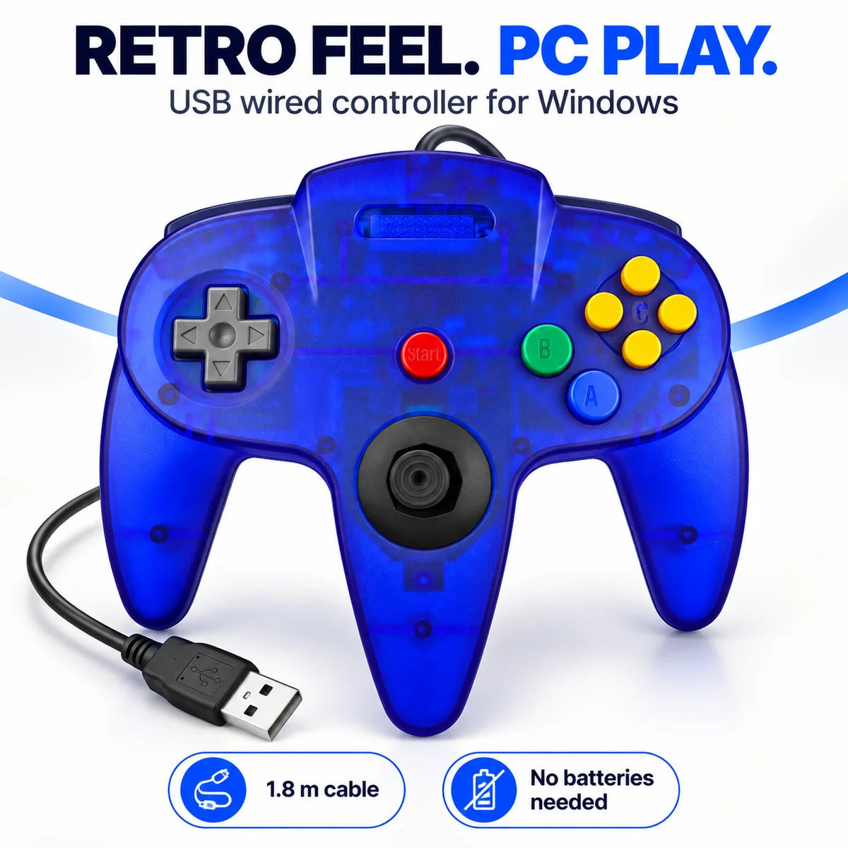 N64-Style USB Wired Controller for Windows PC, 1.8 m Cable, Classic Retro Gamepad, 9 Color Options