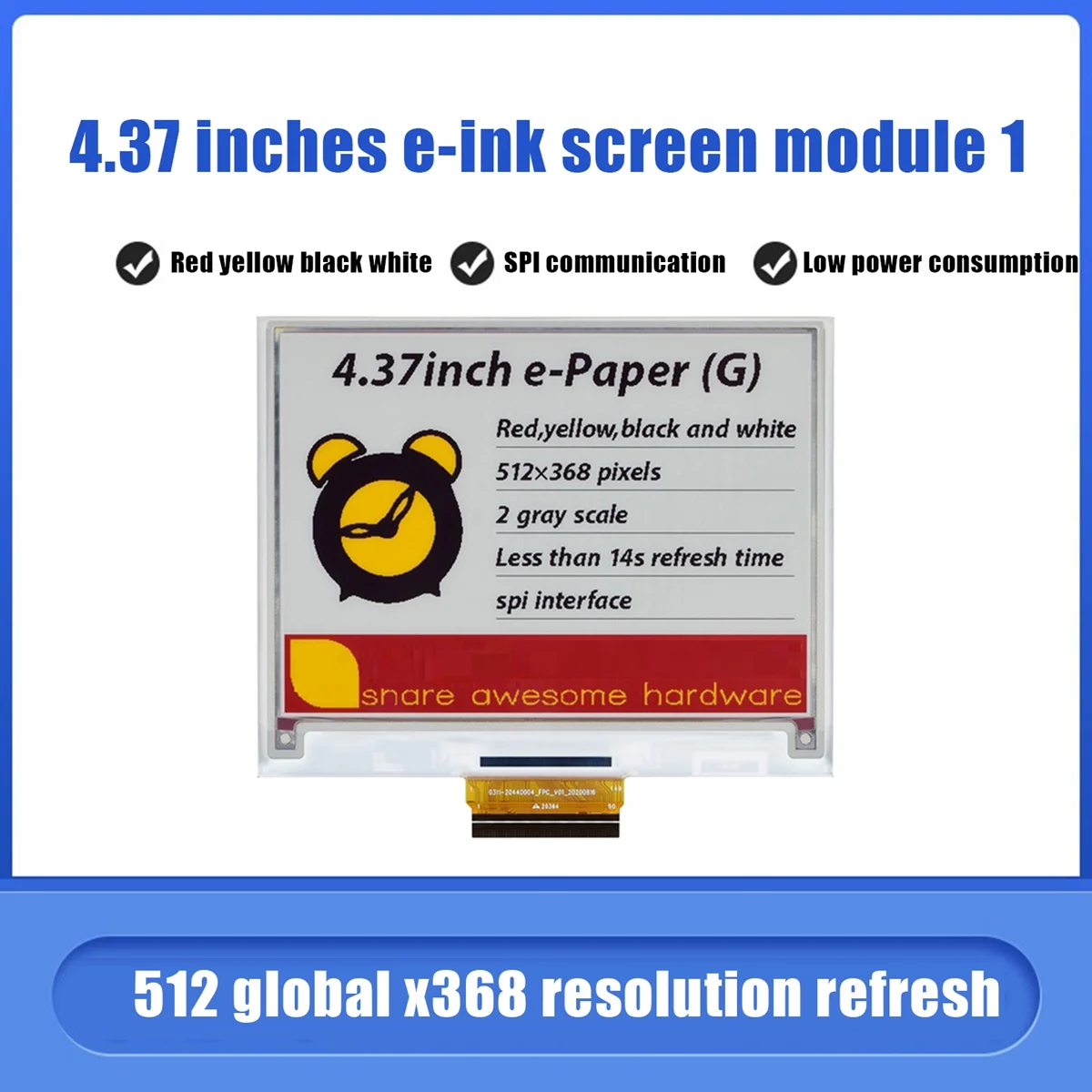 4.37 Inch E-Paper E-Ink Screen 512X368 Pixels Red Yellow Black and White Four-Color Ink Screen SPI Communication Module