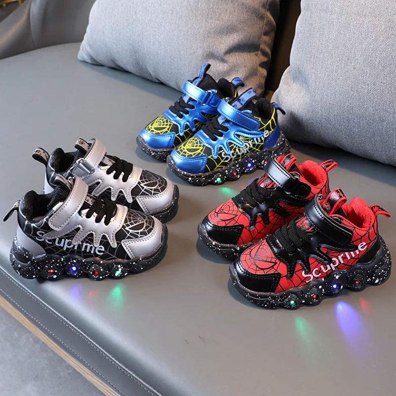 Children Led Shoes Disney Boys Lighted Sneakers Glowing Shoe for Kids Soft Soled Breathable Casual Toddler Spiderman Baby Shoes