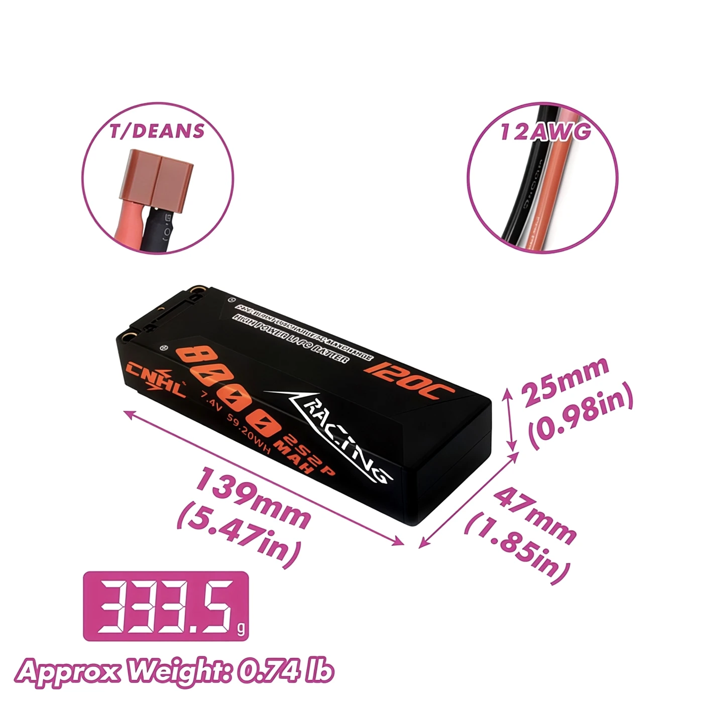2 Packs CNHL Racing Series 8000mAh 7.4V 2S 120C Hard Case Lipo Battery with T/Dean Plug