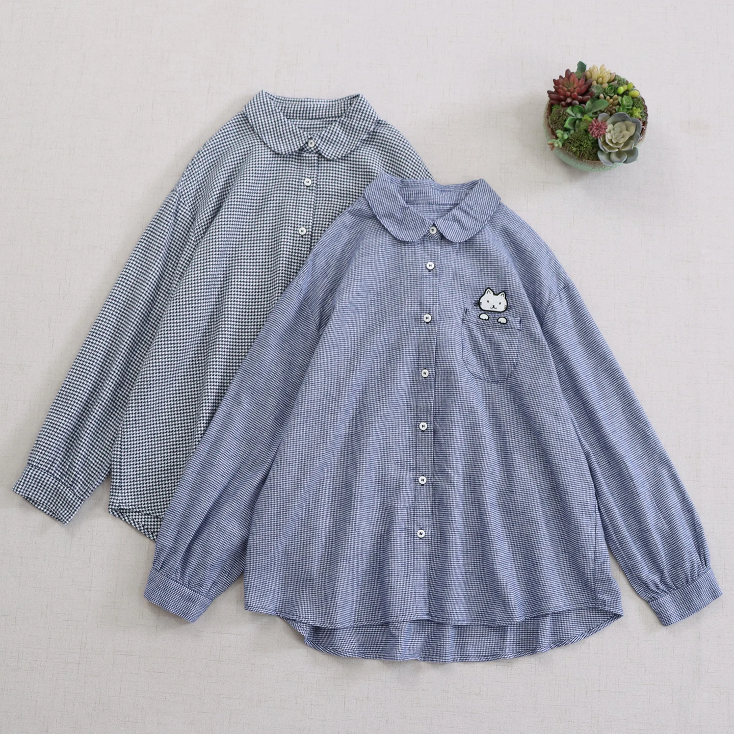 

Japanese Mori Girl Vintage Houndstooth Printed Brushed Cotton Shirts Women Spring Autumn Turn Down Collar Long Sleeve Blouse Top