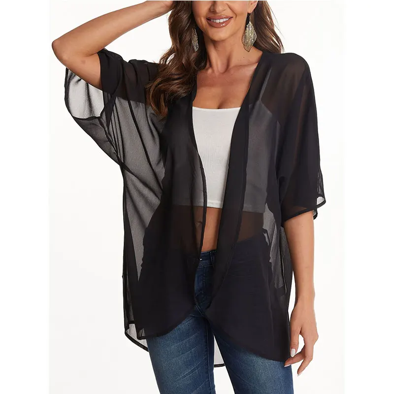 

Summer Beach Chiffon Cover Ups Kimono Cardigan Shirt Trendy Breathable Half Sleeved Tops Short Sleeves Beach Swimwear For Female