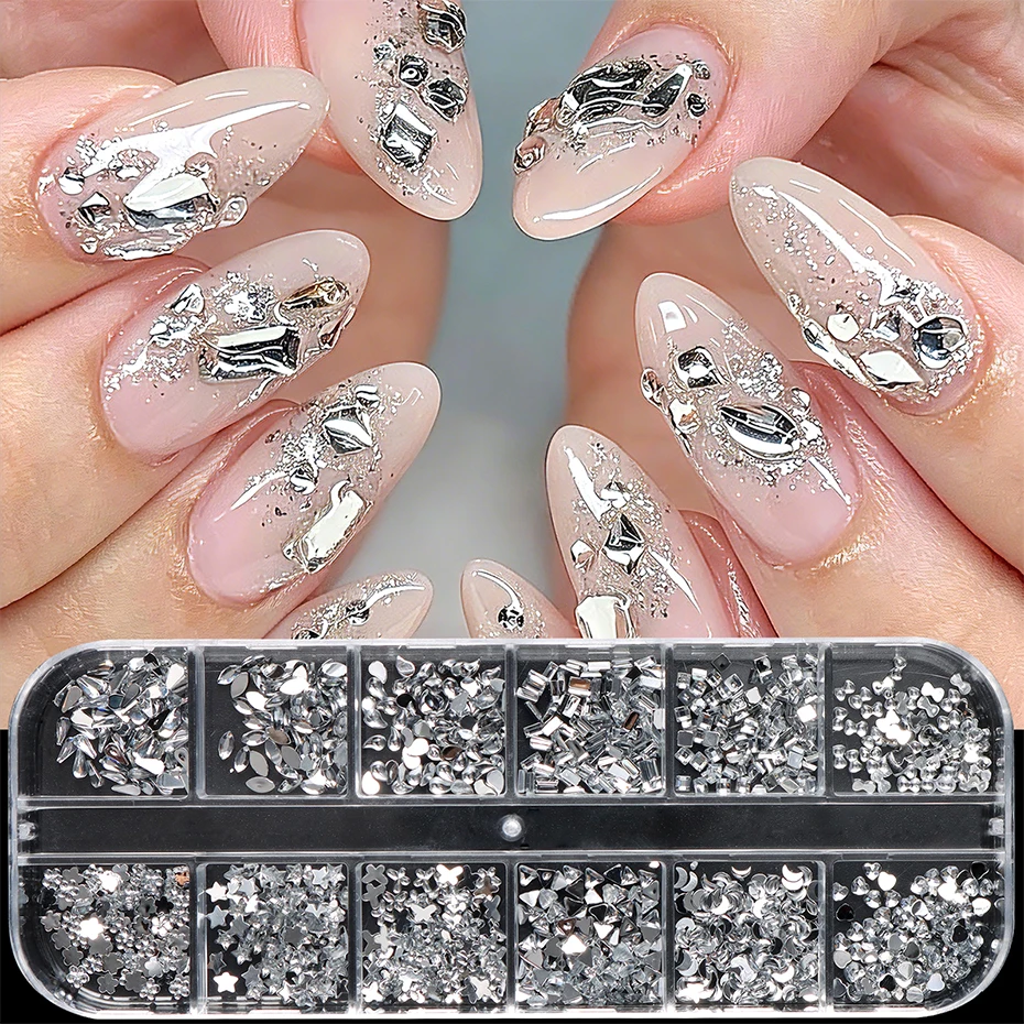 12 Grids White Clear Rhinestones Nail Charms Butterfly Star Heart Square Triangle Crystal Gems Nail Art Decorations Accessories