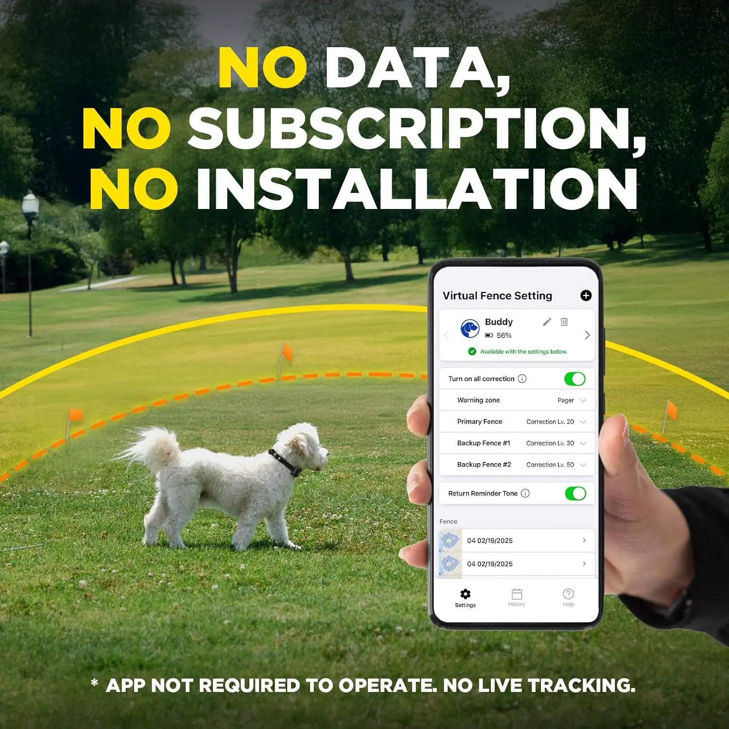 سياج GPS - بدون اشتراك، سياج كلب لاسلكي مخصص مع تطبيق، توجيه ذكي ونغمة تذكير الإرجاع/الاهتزاز/التصحيح-ساخن