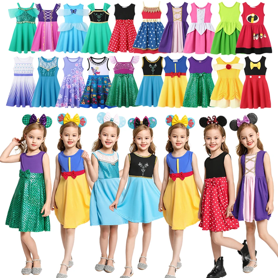 Summer 2024 Girls Daily Dress Disney Dress Anna Elsa Princess Jasmine Cute Casual Rapunzel Costume Kids Cotton Dress