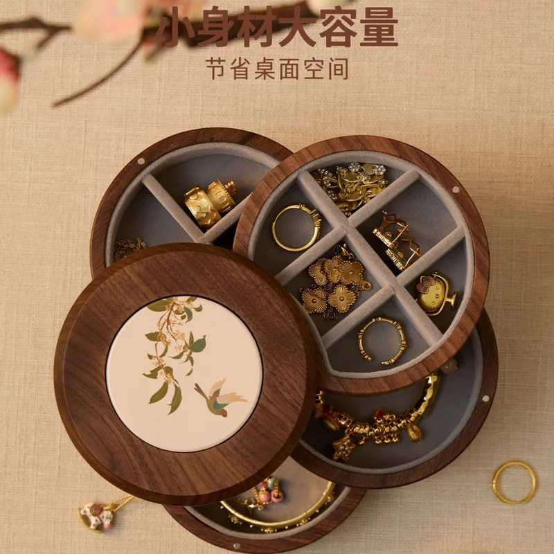 Black Walnut Wood Jewelry Box with Multi-Layer Compartments, Vintage Chinese Style Anti-Tarnish Jewelry Storage for Earrings, Ri