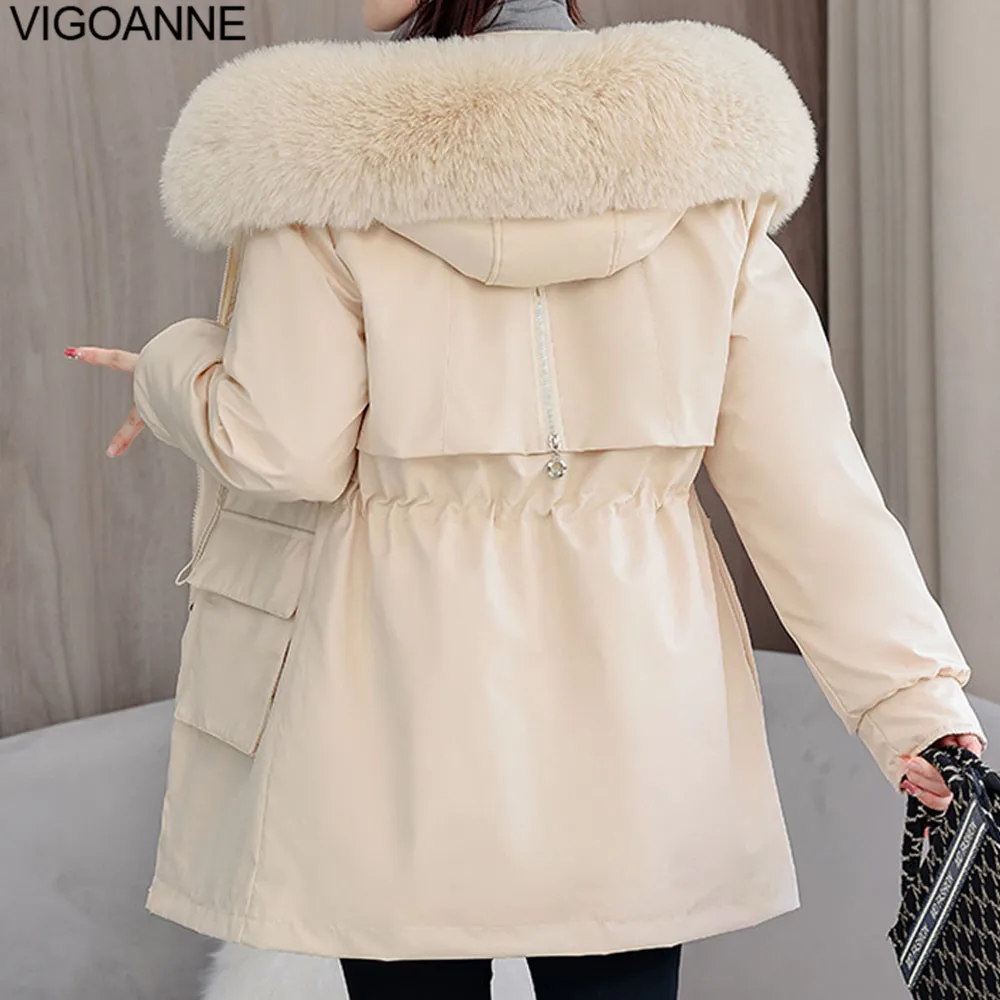 VigoAnne 2025 invierno grueso cálido abrigo largo con capucha mujer coreano sólido bolsillo Casual chaqueta de manga larga suelta señora bolsillos prendas de vestir