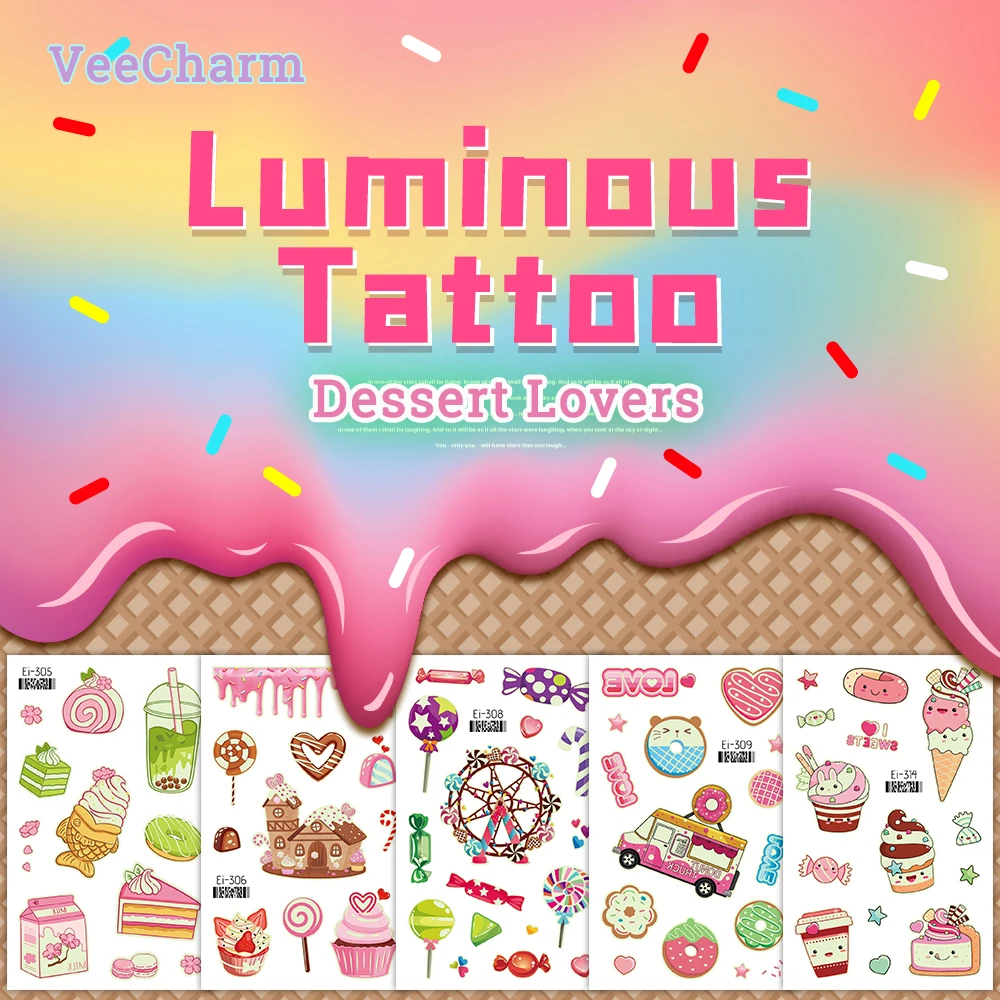 VeeCharm-Tatouages Temporaires pour Enfants, Glaces, Desserts, Glow in the Dark, Fournitures de ixd'Anniversaire, Faveurs, Été, 1/12 Feuilles