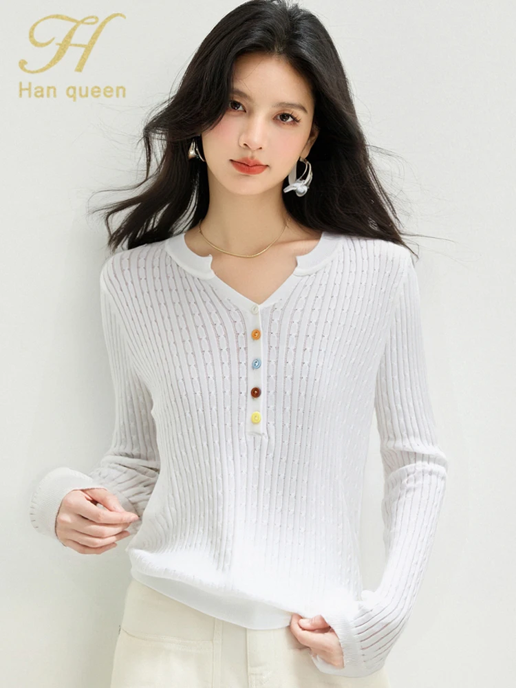 

H Han Queen Autumn Clothes Knitted Pullovers Soft Elastic Simple Basic Fashion Women's Sweater Basic Striped Long Sleeve Tops