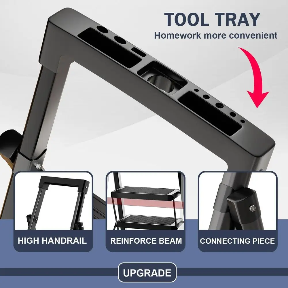 سلم محمول قابل للطي مع صينية أدوات، سعة 330 رطل، دواسات مضادة للانزلاق، درابزين، قفل آمن من الفولاذ الكربوني للأماكن الخارجية والمرآب