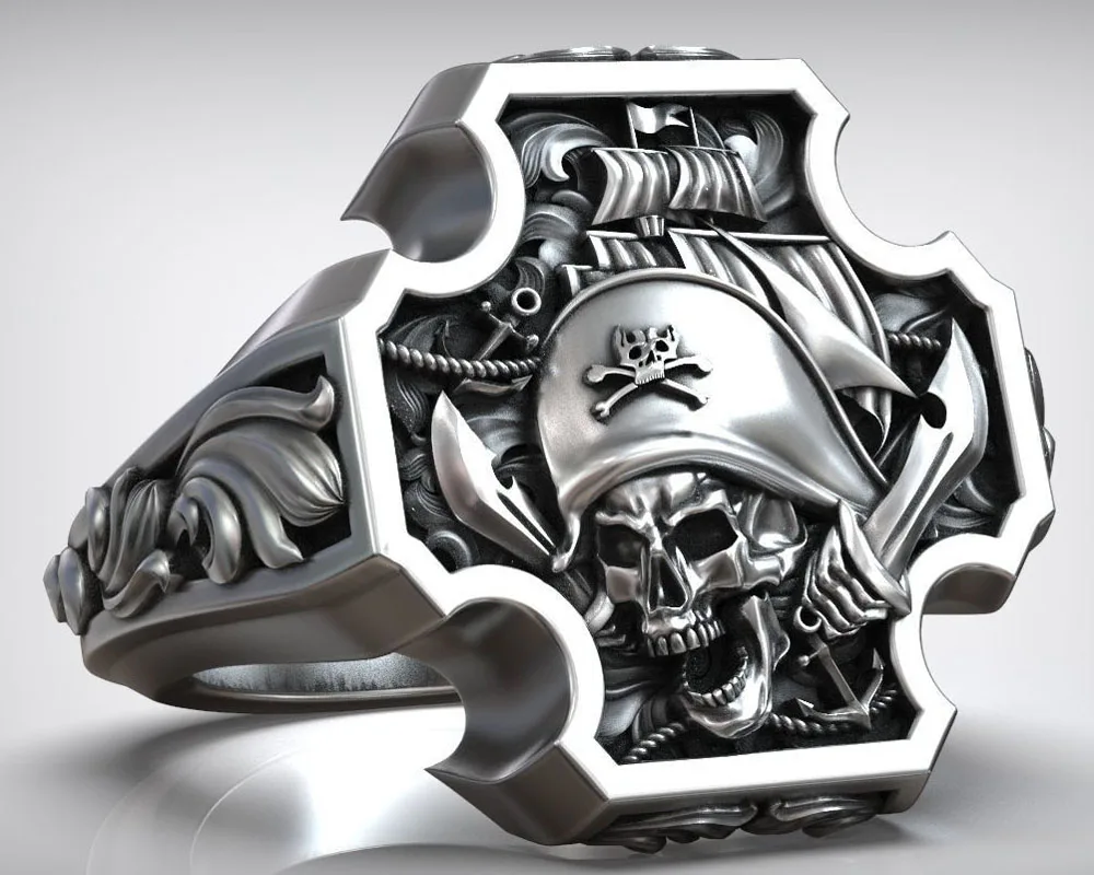 20g Pirate Skull Jolly Roger Cross Anchor Signet Art Relief Customized 925 Solid Sterling Silver Ring Many Sizes 6-13