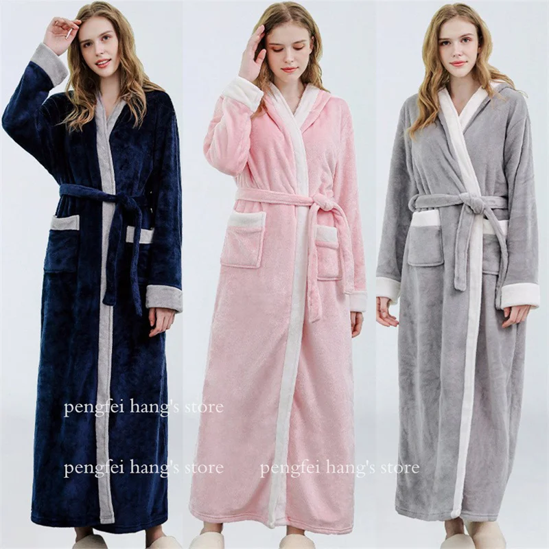 

Hooded Bathrobe Gown Women Warm Flannel Kimono Intimate Lingerie Autumn Winter Warm Home Clothes Shower Robes Loungewear