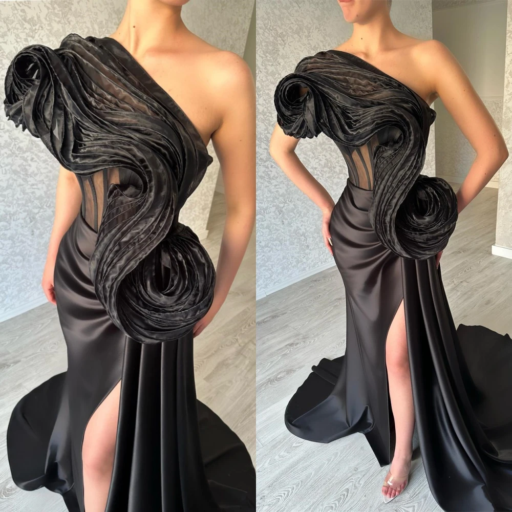 

Customized Elegant Black Satin Evening Dress High Quality One Shoulder Homecoming Dresses Modern Court Train Prom Dresses