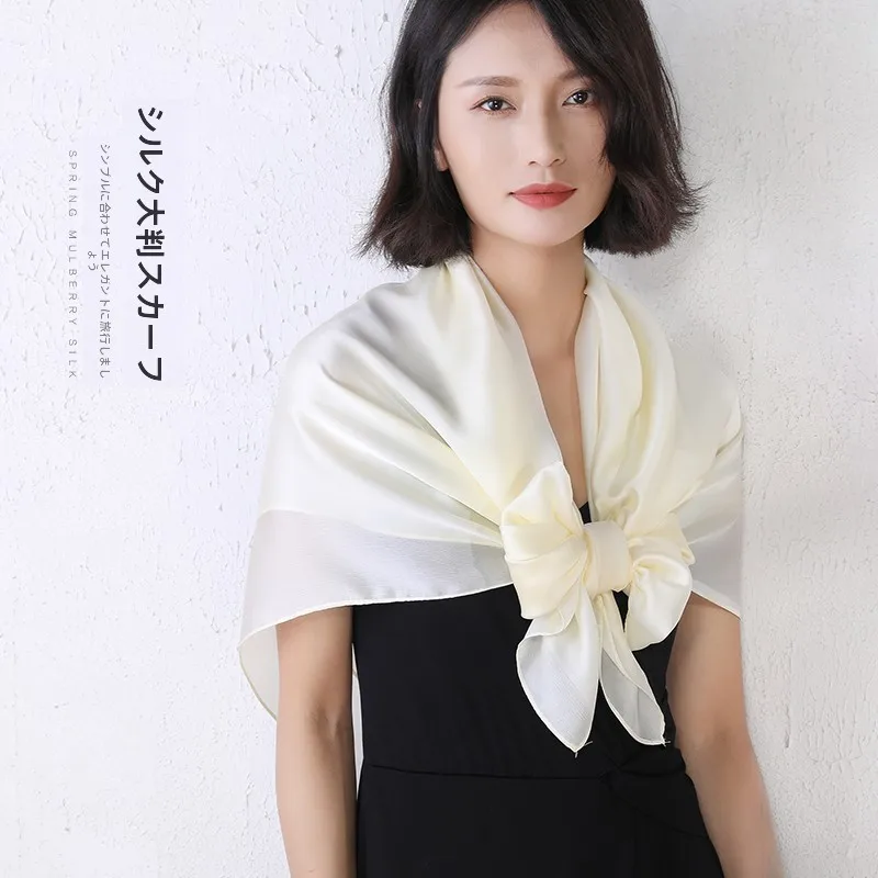 おしゃれなシルクスカーフ-0cm-サテン表面-韓国風-大判パシュミナ-クリームイエロー-多用途アクセサリー-すべての年齢層向け