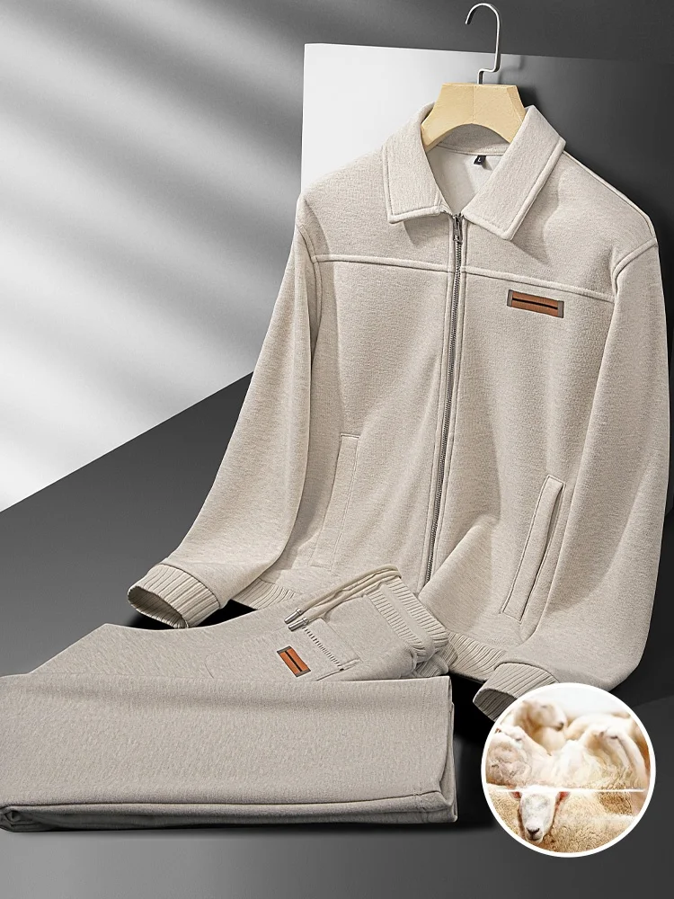 

Winter High-End Warm Woolen Cardigan Collared Men's Two-Piece Casual Sport Set Polyester Fiber Long Sve Long Pants