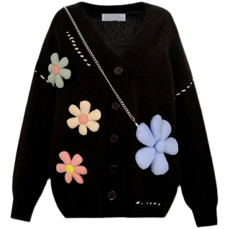 2022 Spring Autumn Cardigan Korean Sweer Flower Sweet Full Solid Single Breasted V-Neck Girls Coat Black Sweater