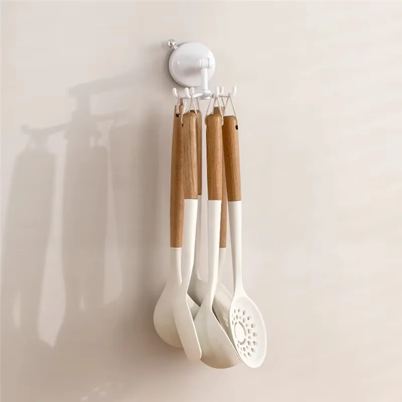 AT05-Rotatable Kitchen Hook - 6-Claw Suction Cup Wall Mount For Spatulas & Cookware, Drill-Free Plastic Storage Solution
