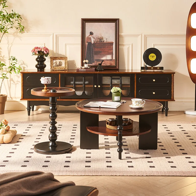 French Vintage Designer-Style Solid Wood Double-Tier Round Coffee Table – Antique-Style Living Room Tea Table
