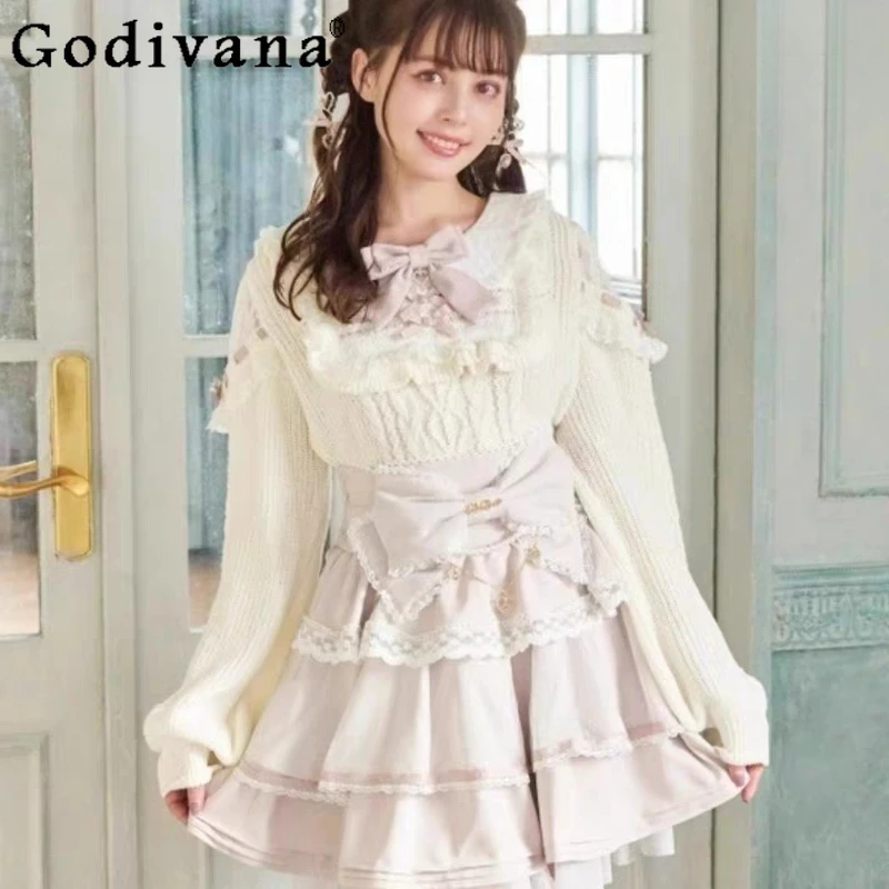 

Юбка Liz, женская японская милая Лолита, милая короткая юбка с большим бантом и жемчужной цепочкой, весенне-осенняя тонкая юбка принцессы с высокой талией для девочек