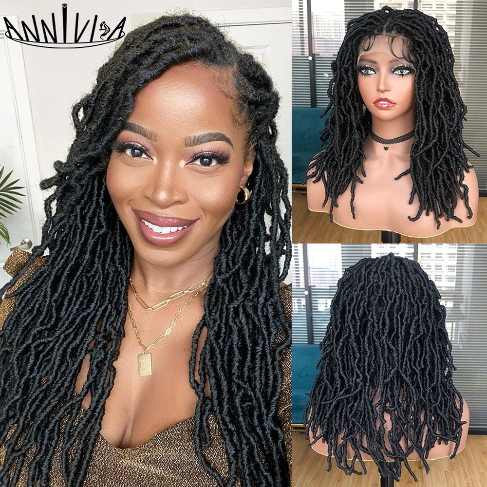 ANNIVIA Faux Locs szydełkowe warkocze włosy pełne koronki Faux Locs plecione peruki dla czarnych kobiet miękkie Knotless syntetyczna koronka Twist