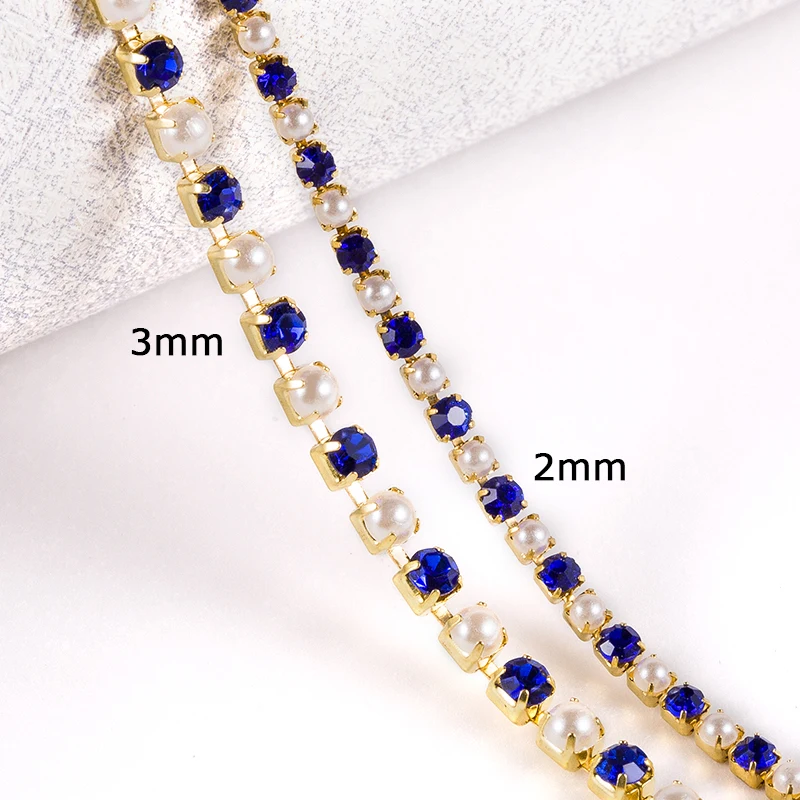 2Yards Pearl Rhinestones Copper Chain Silver/Gold Base Crystal Strass Gems Trim For DIY Sewing Clothes Dresses Accessories